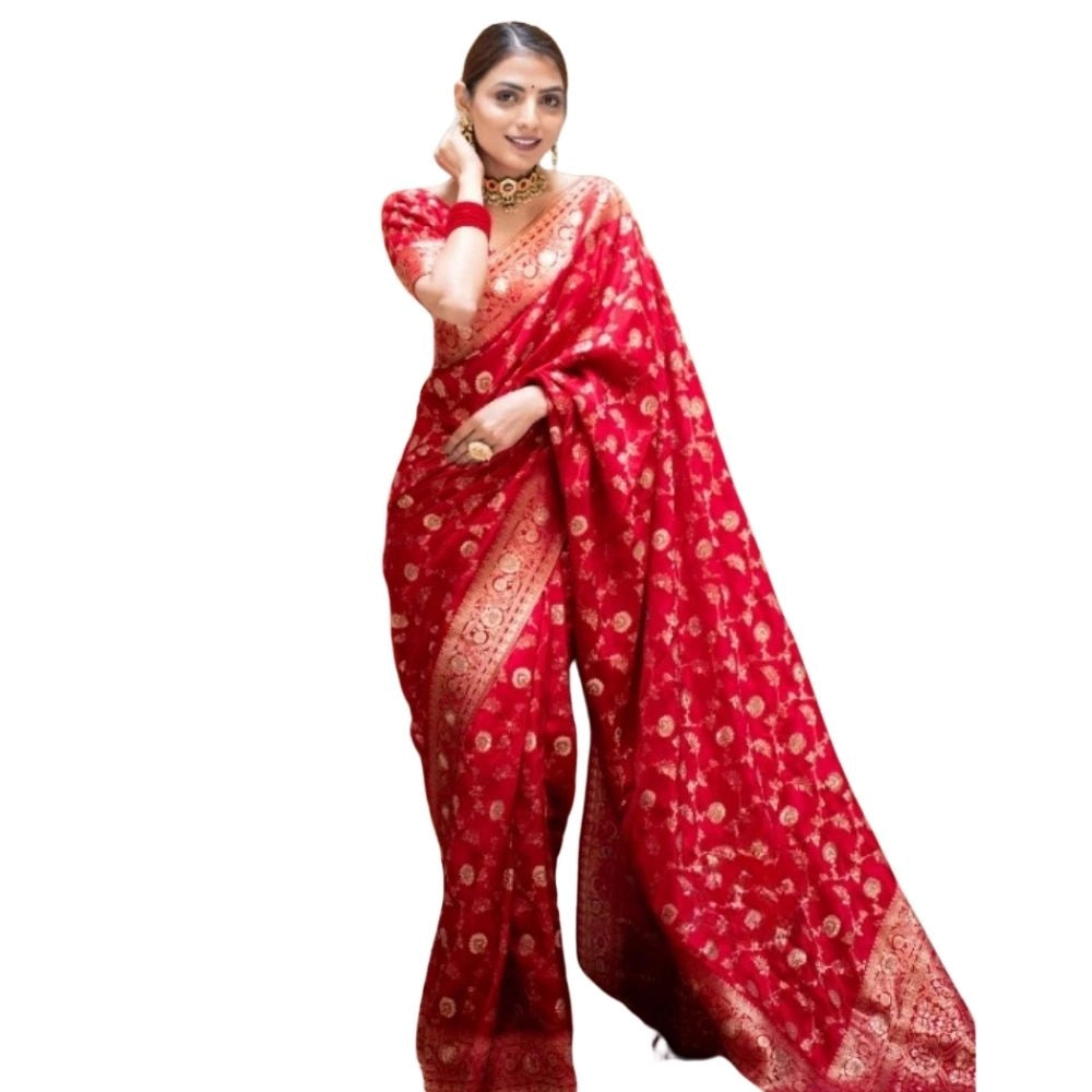 Snuggle Spot Women's Silk Printed Saree With Unstitched Blouse 5.5Mtr (Red)
