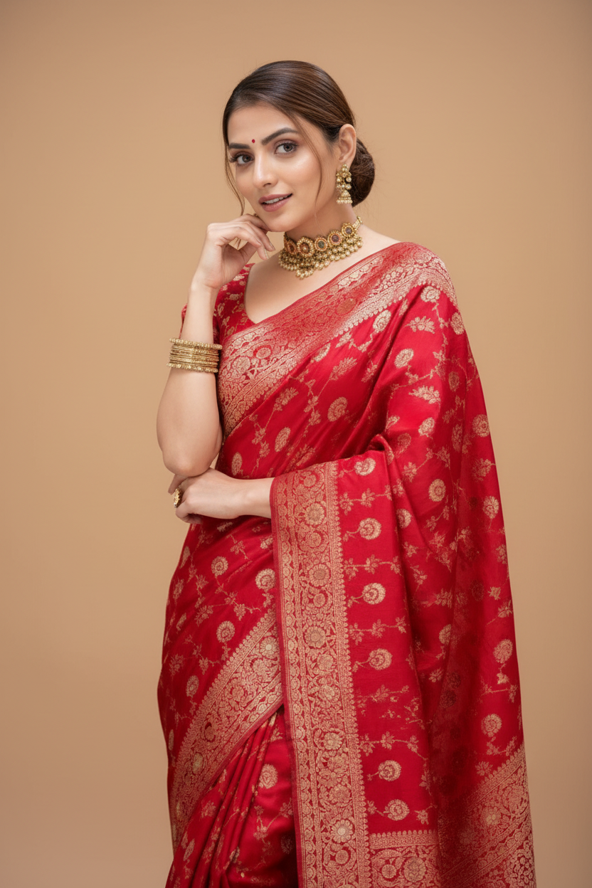 Snuggle Spot Women's Silk Printed Saree With Unstitched Blouse 5.5Mtr (Red)