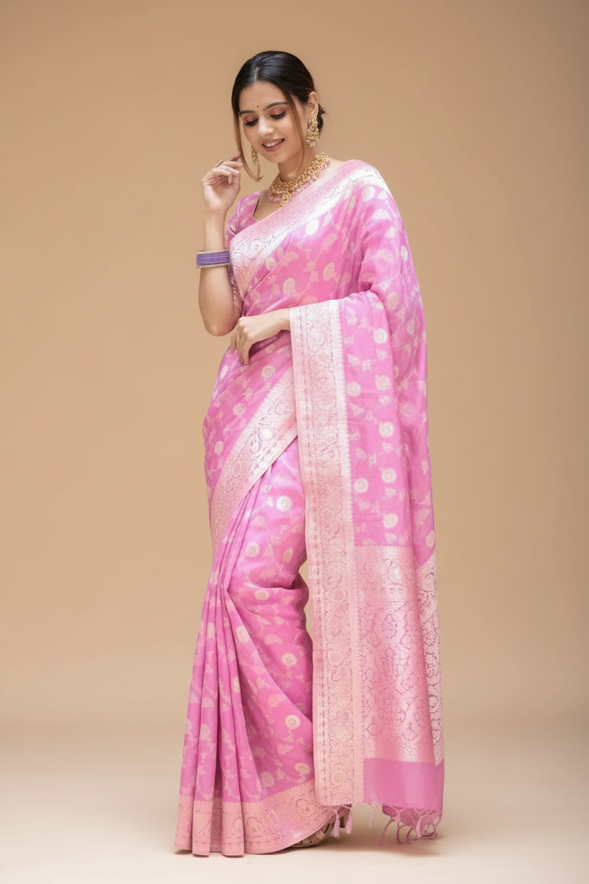 Snuggle Spot Women's Silk Printed Saree With Unstitched Blouse 5.5Mtr (Pink)