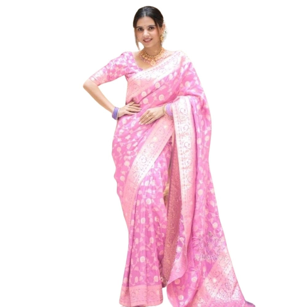 Snuggle Spot Women's Silk Printed Saree With Unstitched Blouse 5.5Mtr (Pink)