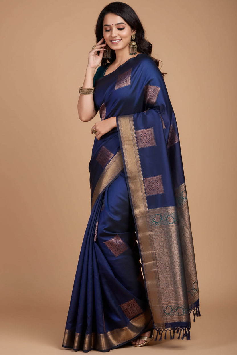 Snuggle Spot Women's Silk Printed Saree With Unstitched Blouse 5.5Mtr (Navy Blue)