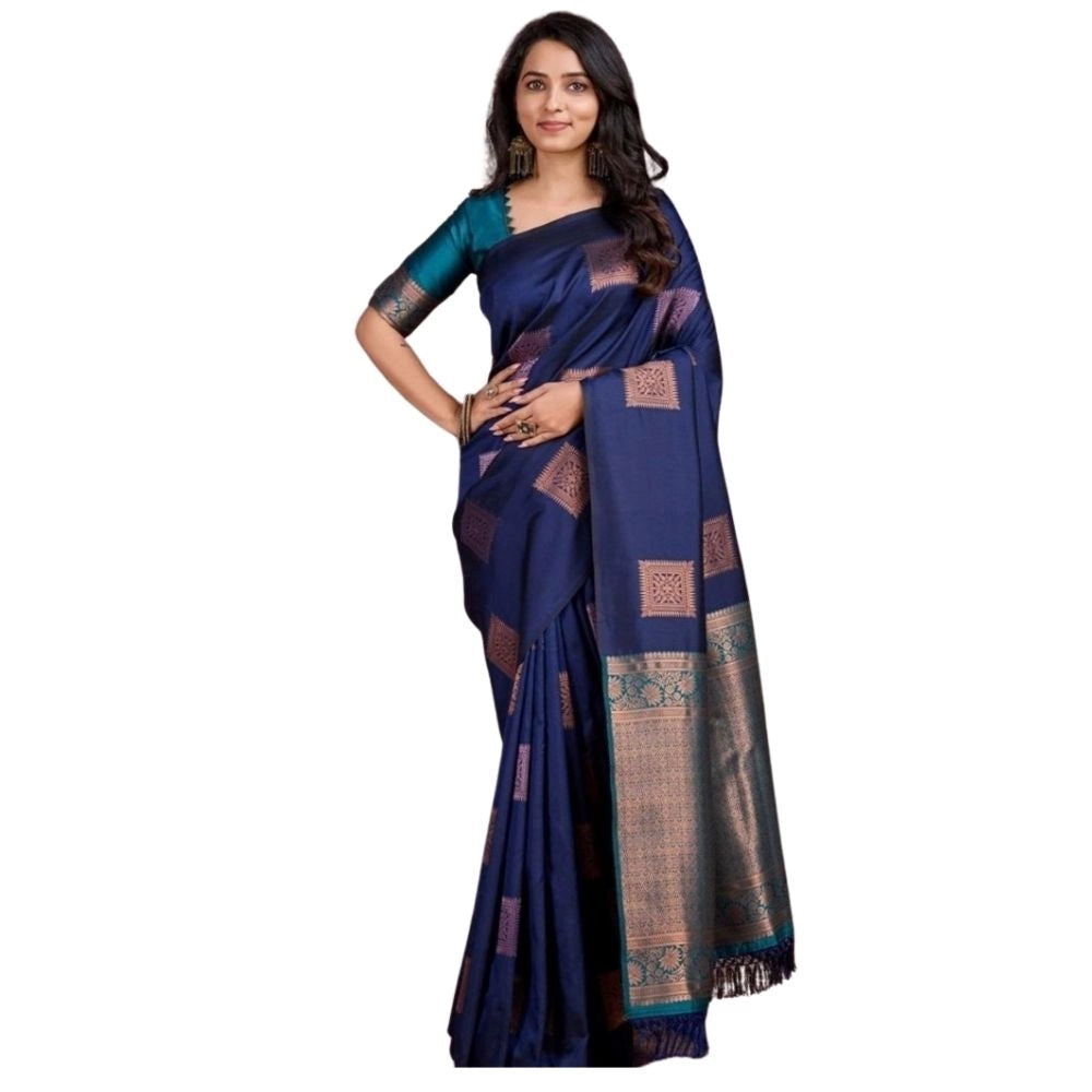 Snuggle Spot Women's Silk Printed Saree With Unstitched Blouse 5.5Mtr (Navy Blue)