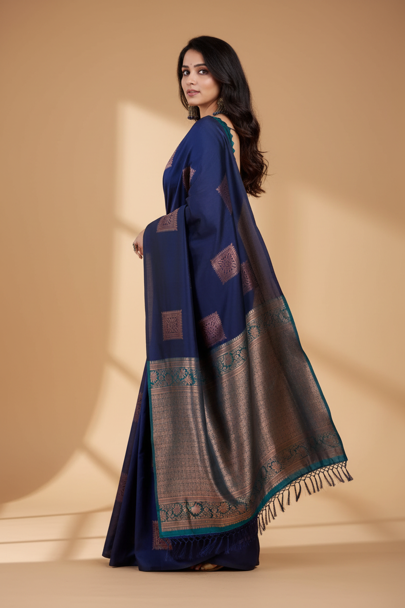 Snuggle Spot Women's Silk Printed Saree With Unstitched Blouse 5.5Mtr (Navy Blue)
