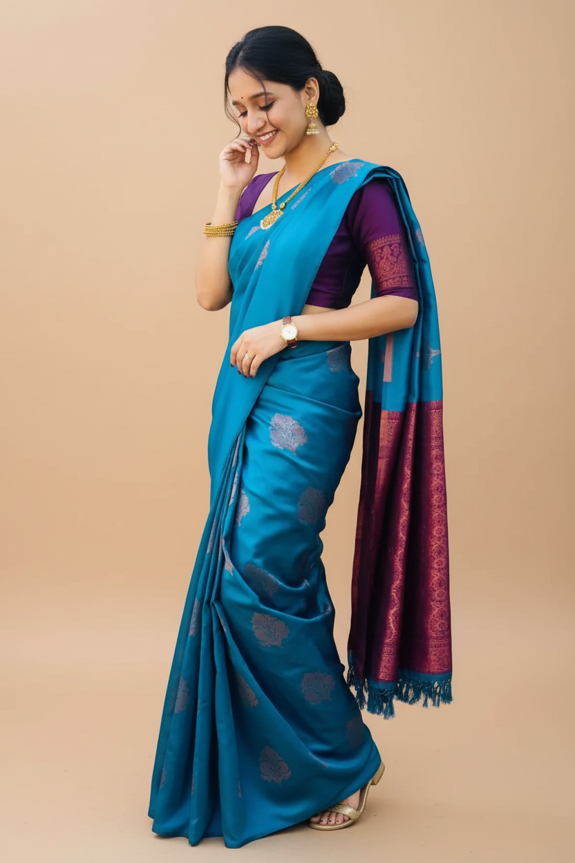 Snuggle Spot Women's Silk Printed Saree With Unstitched Blouse 5.5Mtr (Rama)