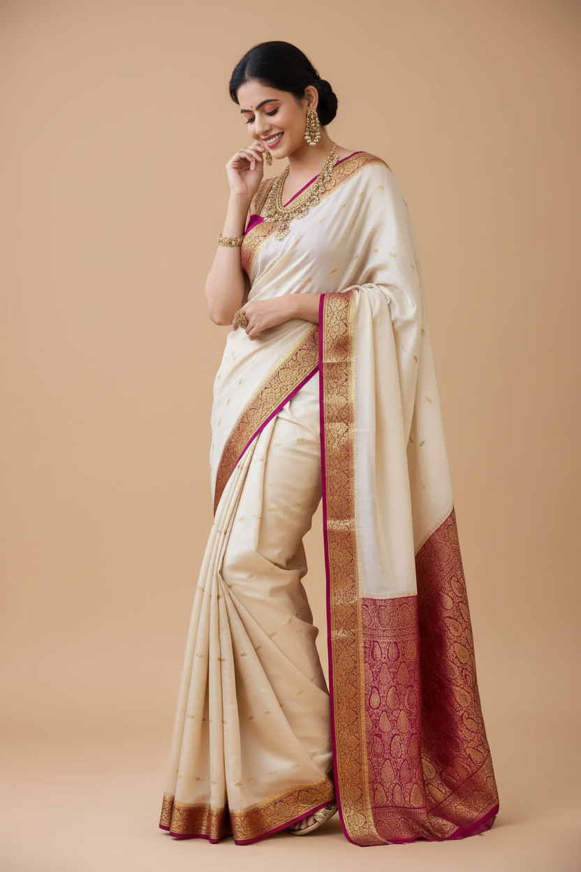 Snuggle Spot Women's Silk Printed Saree With Unstitched Blouse 5.5Mtr (White)