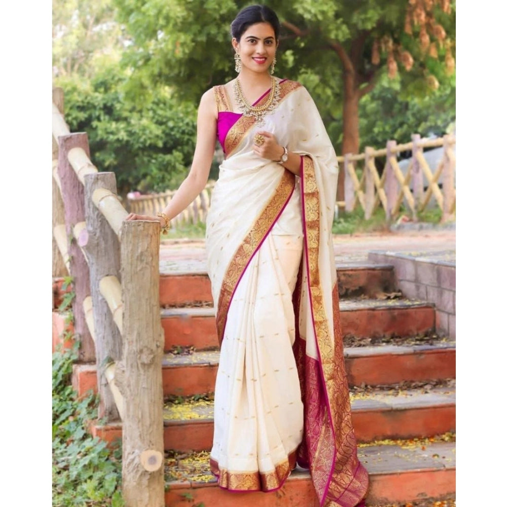 Snuggle Spot Women's Silk Printed Saree With Unstitched Blouse 5.5Mtr (White)