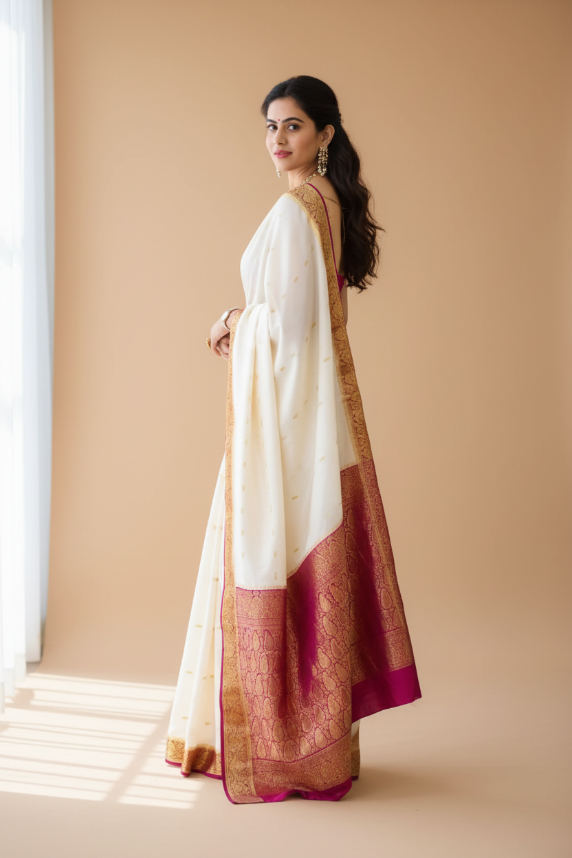 Snuggle Spot Women's Silk Printed Saree With Unstitched Blouse 5.5Mtr (White)
