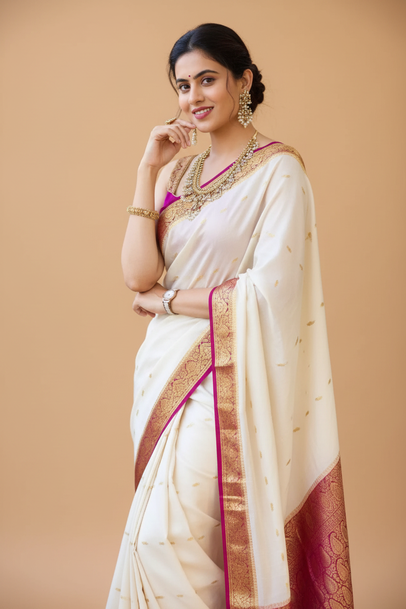 Snuggle Spot Women's Silk Printed Saree With Unstitched Blouse 5.5Mtr (White)