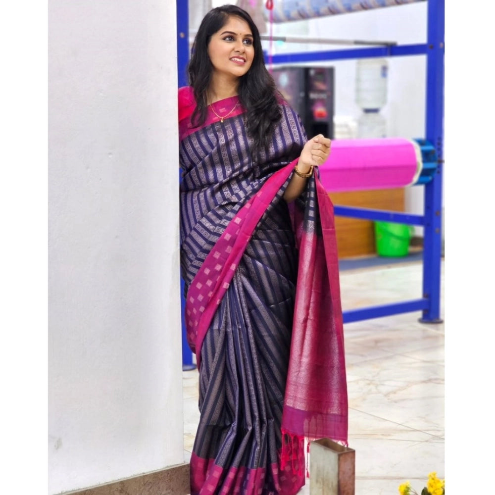 Snuggle Spot Women's Silk Printed Saree With Unstitched Blouse 5.5Mtr (Navy Blue)