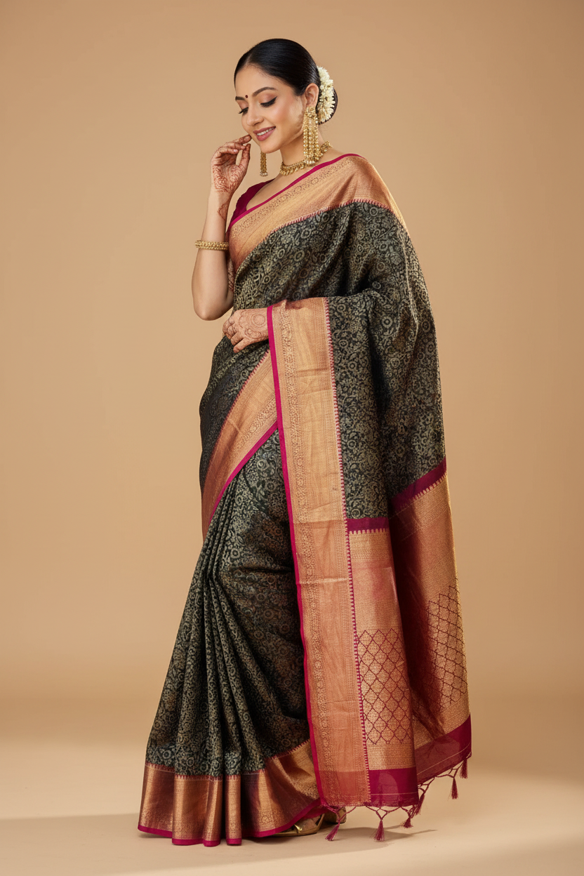 Snuggle Spot Women's Silk Printed Saree With Unstitched Blouse 5.5Mtr (Green)
