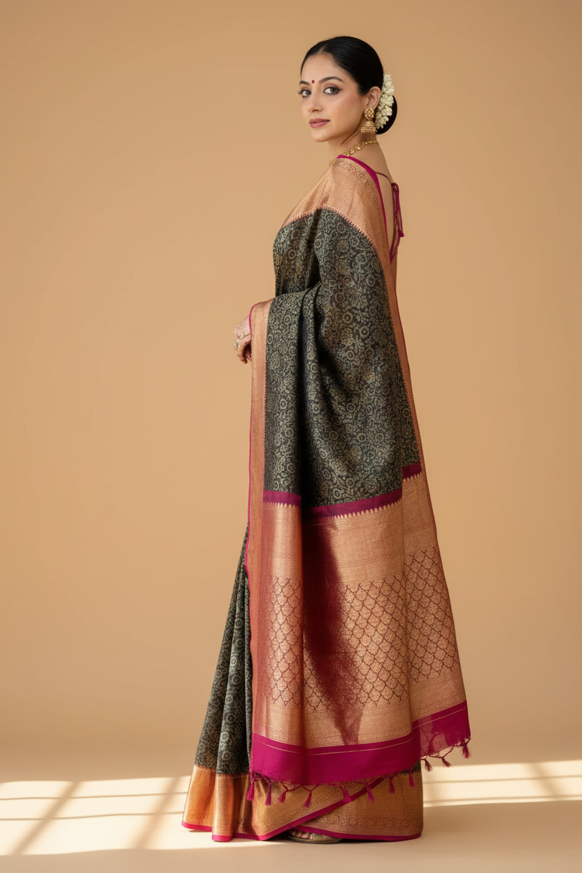 Snuggle Spot Women's Silk Printed Saree With Unstitched Blouse 5.5Mtr (Green)