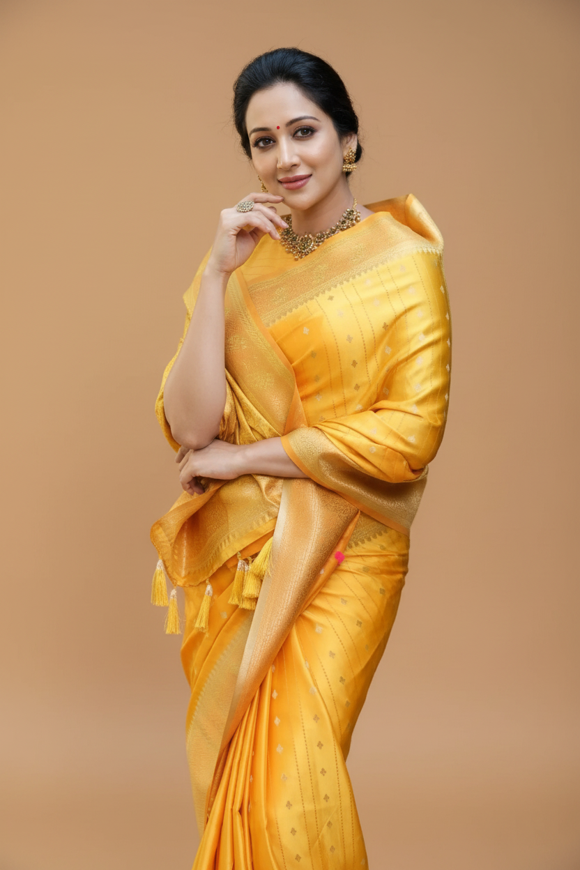 Snuggle Spot Women's Silk Printed Saree With Unstitched Blouse 5.5Mtr (Yellow)