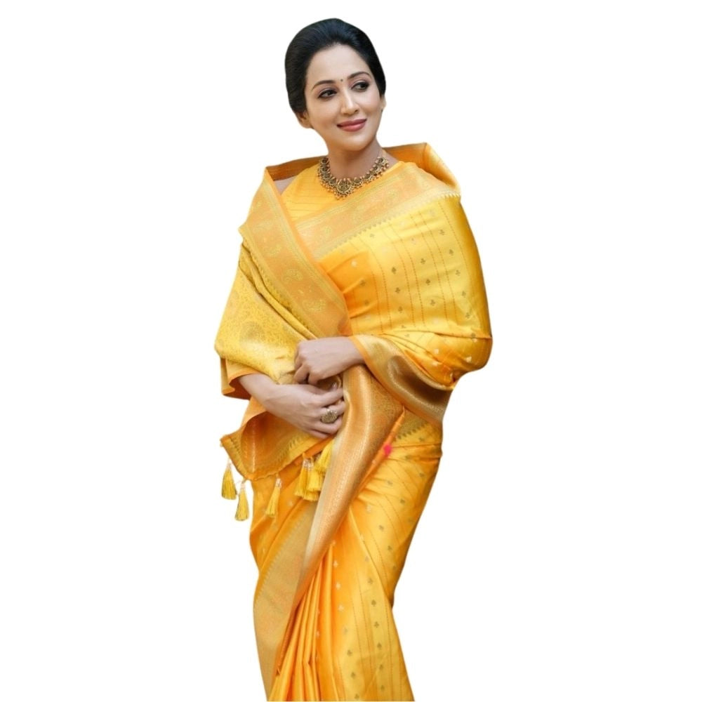 Snuggle Spot Women's Silk Printed Saree With Unstitched Blouse 5.5Mtr (Yellow)