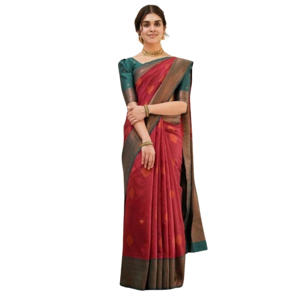 Snuggle Spot Women's Silk Printed Saree With Unstitched Blouse 5.5Mtr (Red)