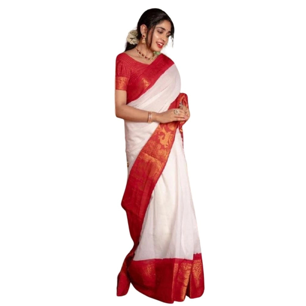 Snuggle Spot Women's Silk Printed Saree With Unstitched Blouse 5.5Mtr (White)