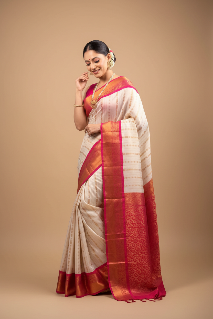 Snuggle Spot Women's Silk Printed Saree With Unstitched Blouse 5.5Mtr (White-Pink)