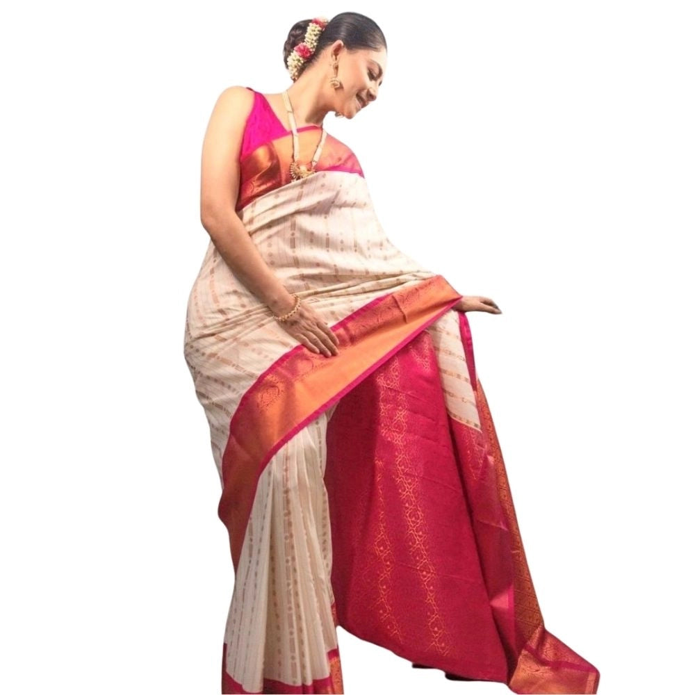 Snuggle Spot Women's Silk Printed Saree With Unstitched Blouse 5.5Mtr (White-Pink)