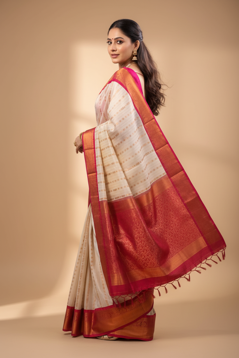 Snuggle Spot Women's Silk Printed Saree With Unstitched Blouse 5.5Mtr (White-Pink)