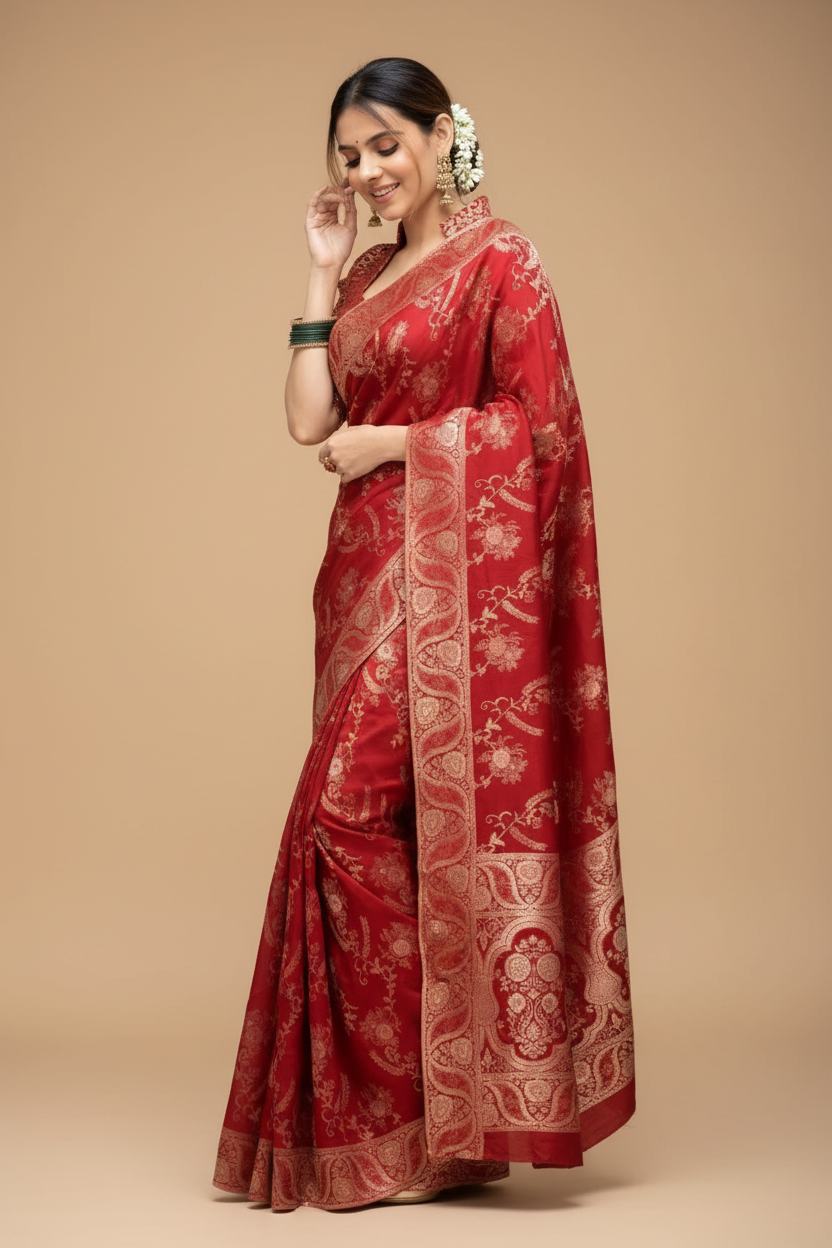 Snuggle Spot Women's Silk Printed Saree With Unstitched Blouse 5.5Mtr (Red)