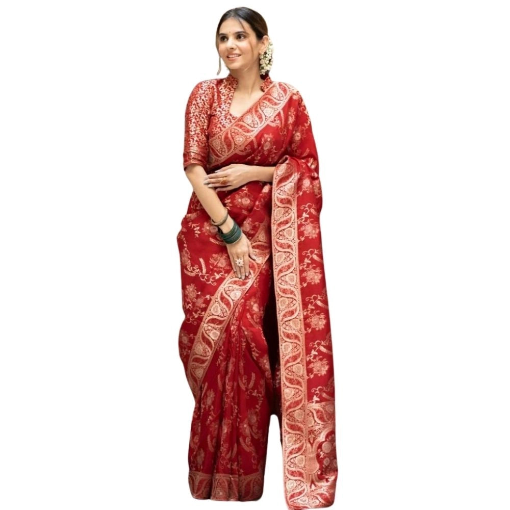 Snuggle Spot Women's Silk Printed Saree With Unstitched Blouse 5.5Mtr (Red)
