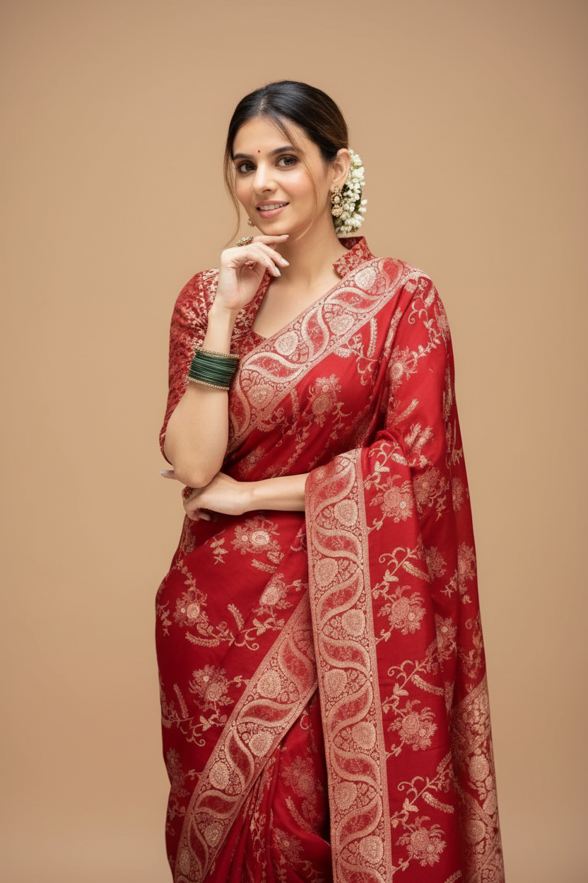 Snuggle Spot Women's Silk Printed Saree With Unstitched Blouse 5.5Mtr (Red)
