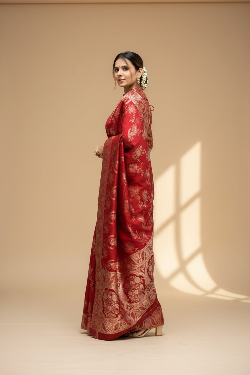 Snuggle Spot Women's Silk Printed Saree With Unstitched Blouse 5.5Mtr (Red)