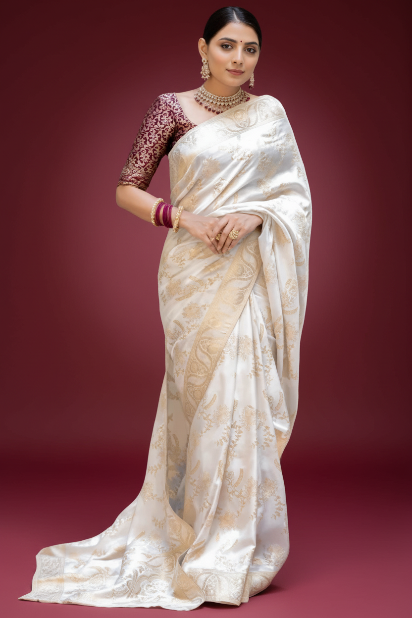 Snuggle Spot Women's Silk Printed Saree With Unstitched Blouse 5.5Mtr (White)