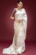 Snuggle Spot Women's Silk Printed Saree With Unstitched Blouse 5.5Mtr (White)