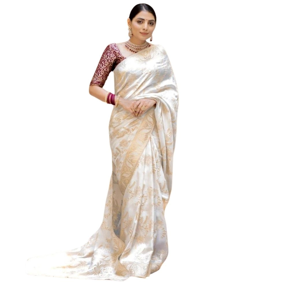 Snuggle Spot Women's Silk Printed Saree With Unstitched Blouse 5.5Mtr (White)