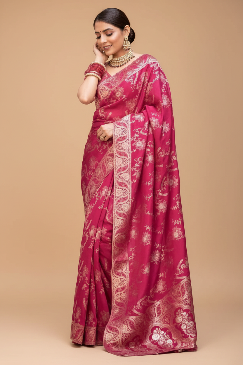 Snuggle Spot Women's Silk Printed Saree With Unstitched Blouse 5.5Mtr (Pink)