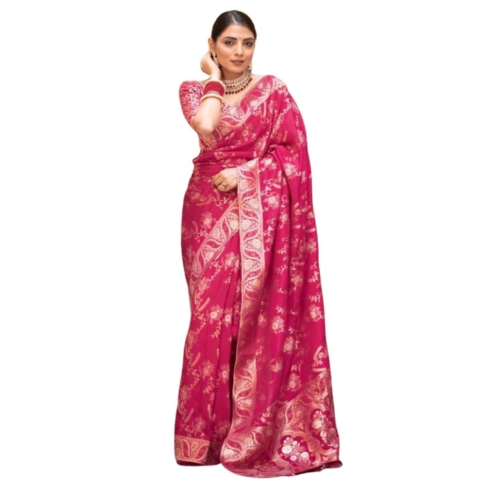 Snuggle Spot Women's Silk Printed Saree With Unstitched Blouse 5.5Mtr (Pink)