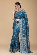 Snuggle Spot Women's Silk Printed Saree With Unstitched Blouse 5.5Mtr (Teal Blue)