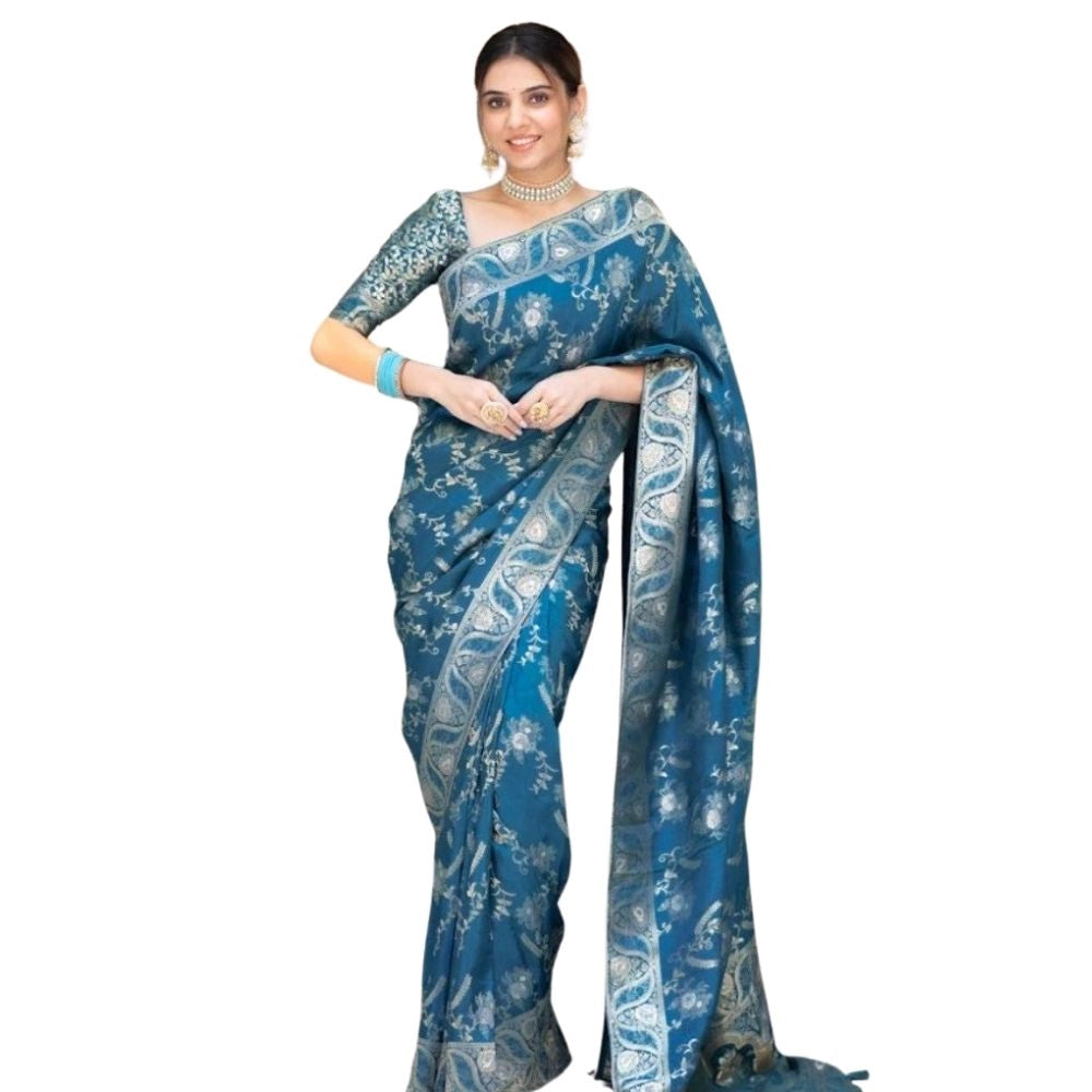 Snuggle Spot Women's Silk Printed Saree With Unstitched Blouse 5.5Mtr (Teal Blue)