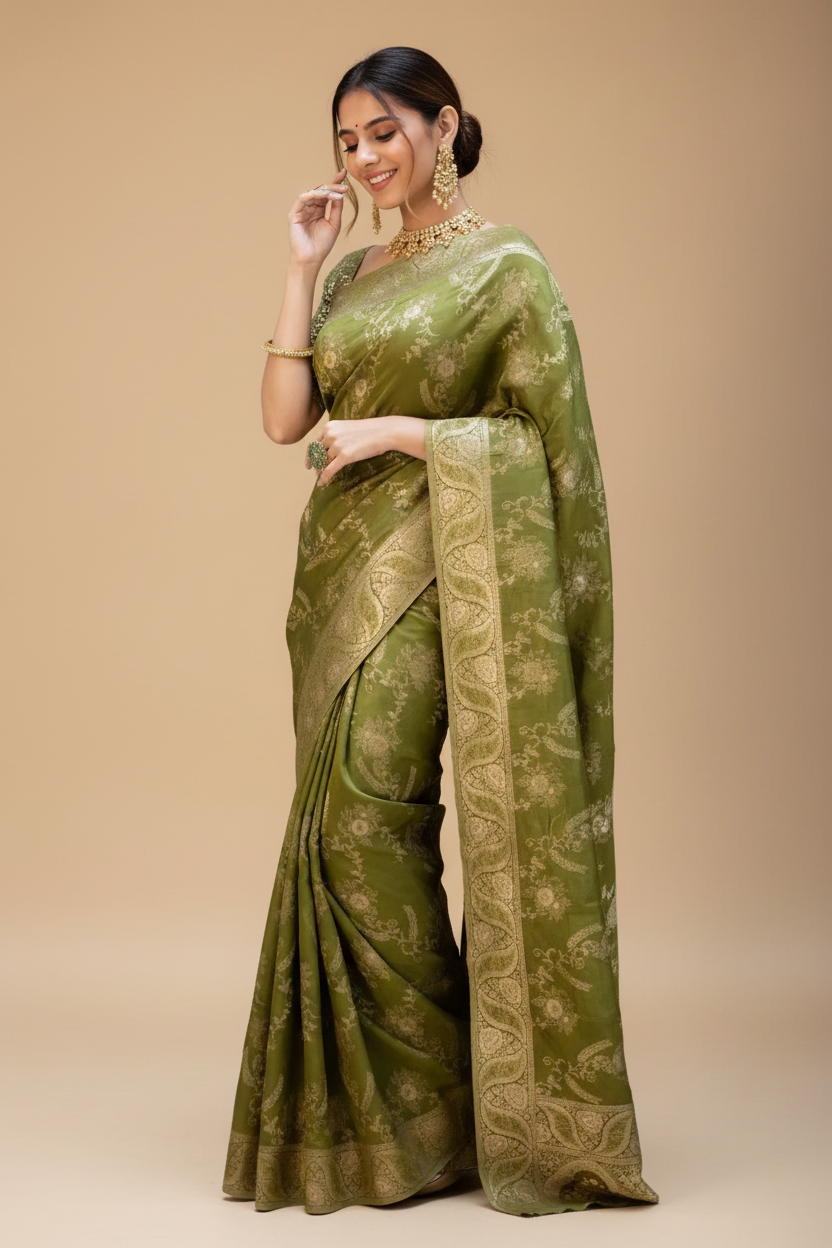 Snuggle Spot Women's Silk Printed Saree With Unstitched Blouse 5.5Mtr (Olive Green)
