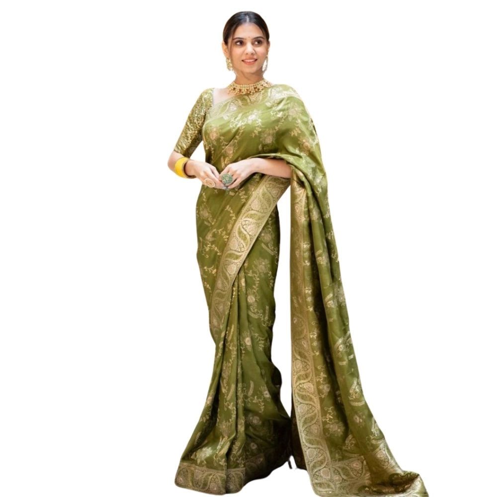 Snuggle Spot Women's Silk Printed Saree With Unstitched Blouse 5.5Mtr (Olive Green)
