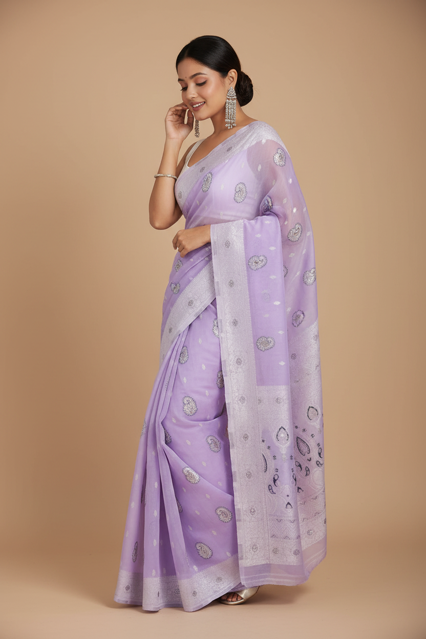 Snuggle Spot Women's Cotton  Printed Saree With Unstitched Blouse 5.5Mtr (Lavender)