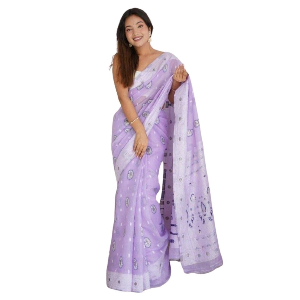 Snuggle Spot Women's Cotton  Printed Saree With Unstitched Blouse 5.5Mtr (Lavender)