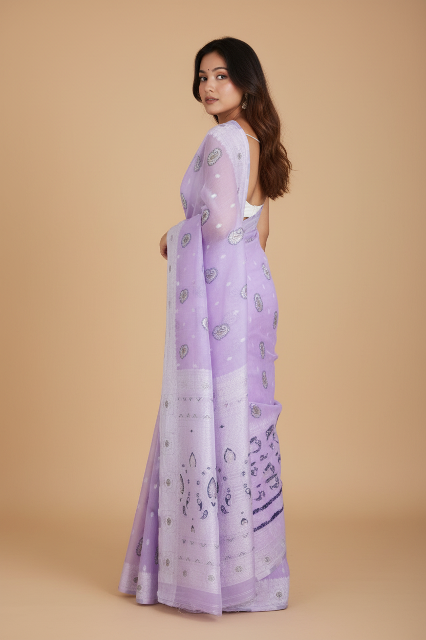 Snuggle Spot Women's Cotton  Printed Saree With Unstitched Blouse 5.5Mtr (Lavender)