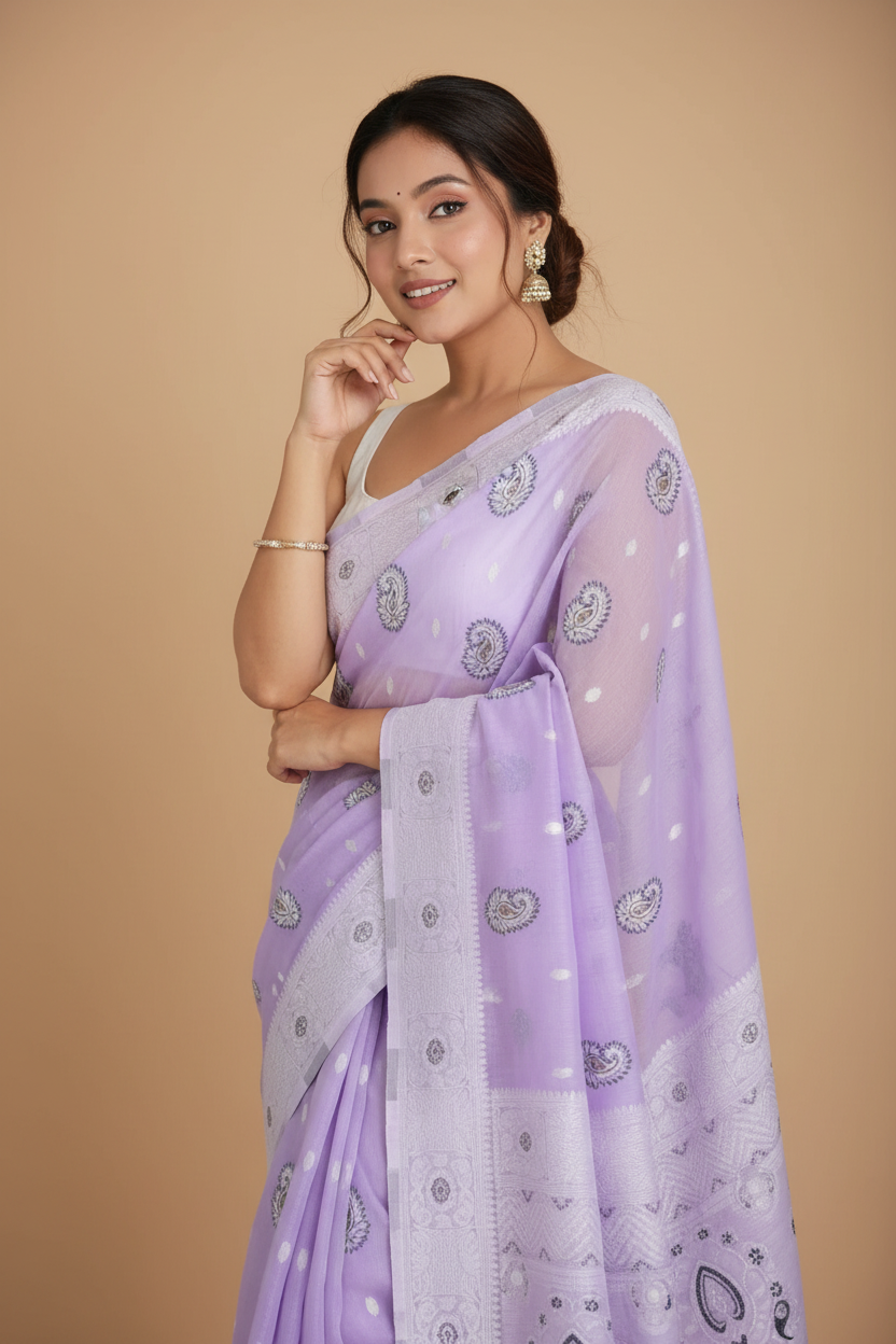 Snuggle Spot Women's Cotton  Printed Saree With Unstitched Blouse 5.5Mtr (Lavender)