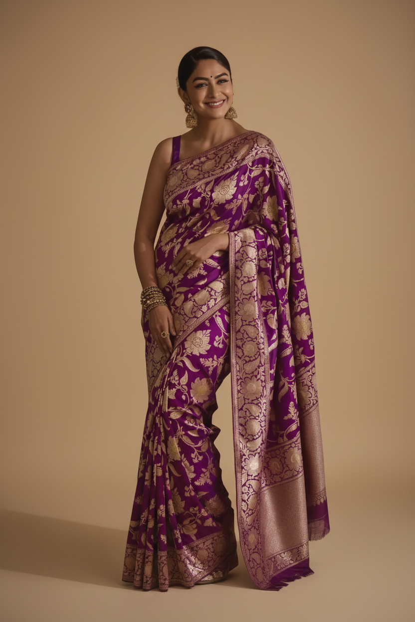 Snuggle Spot Women's Silk Printed Saree With Unstitched Blouse 5.5Mtr (Purple)