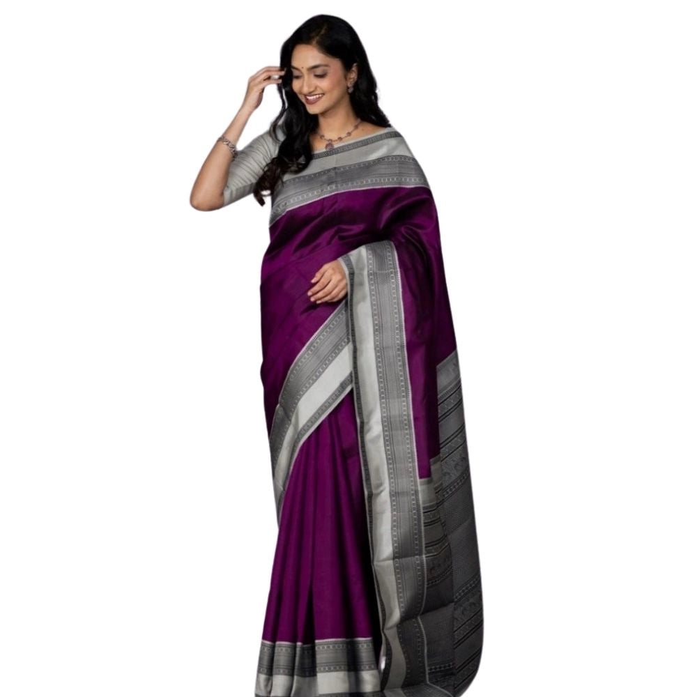 Snuggle Spot Women's Silk Printed Saree With Unstitched Blouse 5.5Mtr (Purple)