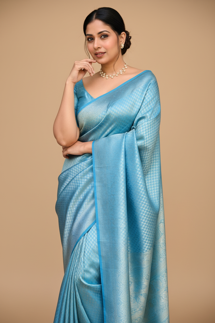 Snuggle Spot Women's Silk Printed Saree With Unstitched Blouse 5.5Mtr (Sky Blue)