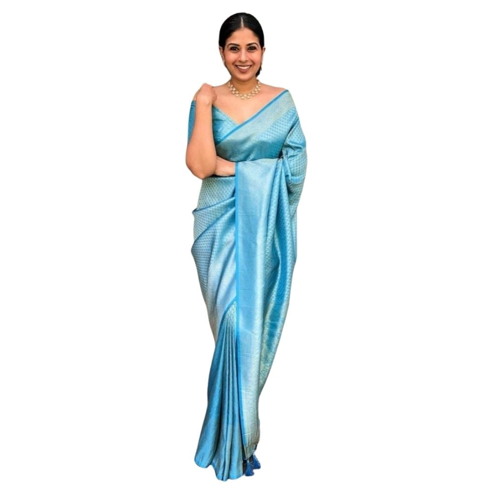 Snuggle Spot Women's Silk Printed Saree With Unstitched Blouse 5.5Mtr (Sky Blue)