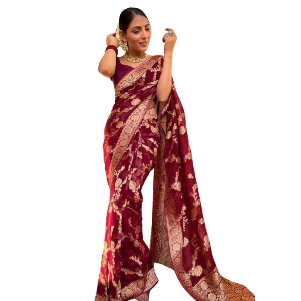 Snuggle Spot Women's Silk Printed Saree With Unstitched Blouse 5.5Mtr (Maroon)