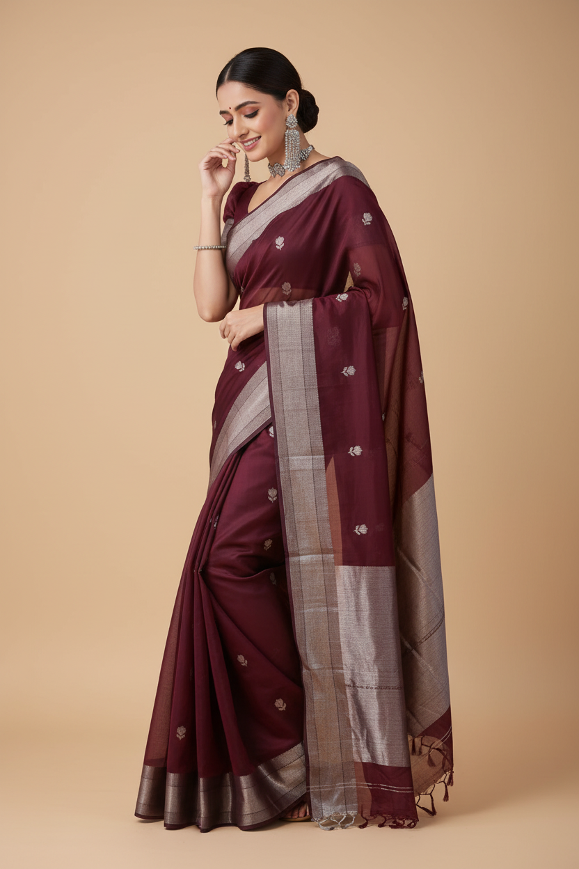 Snuggle Spot Women's Cotton  Printed Saree With Unstitched Blouse 5.5Mtr (Maroon)