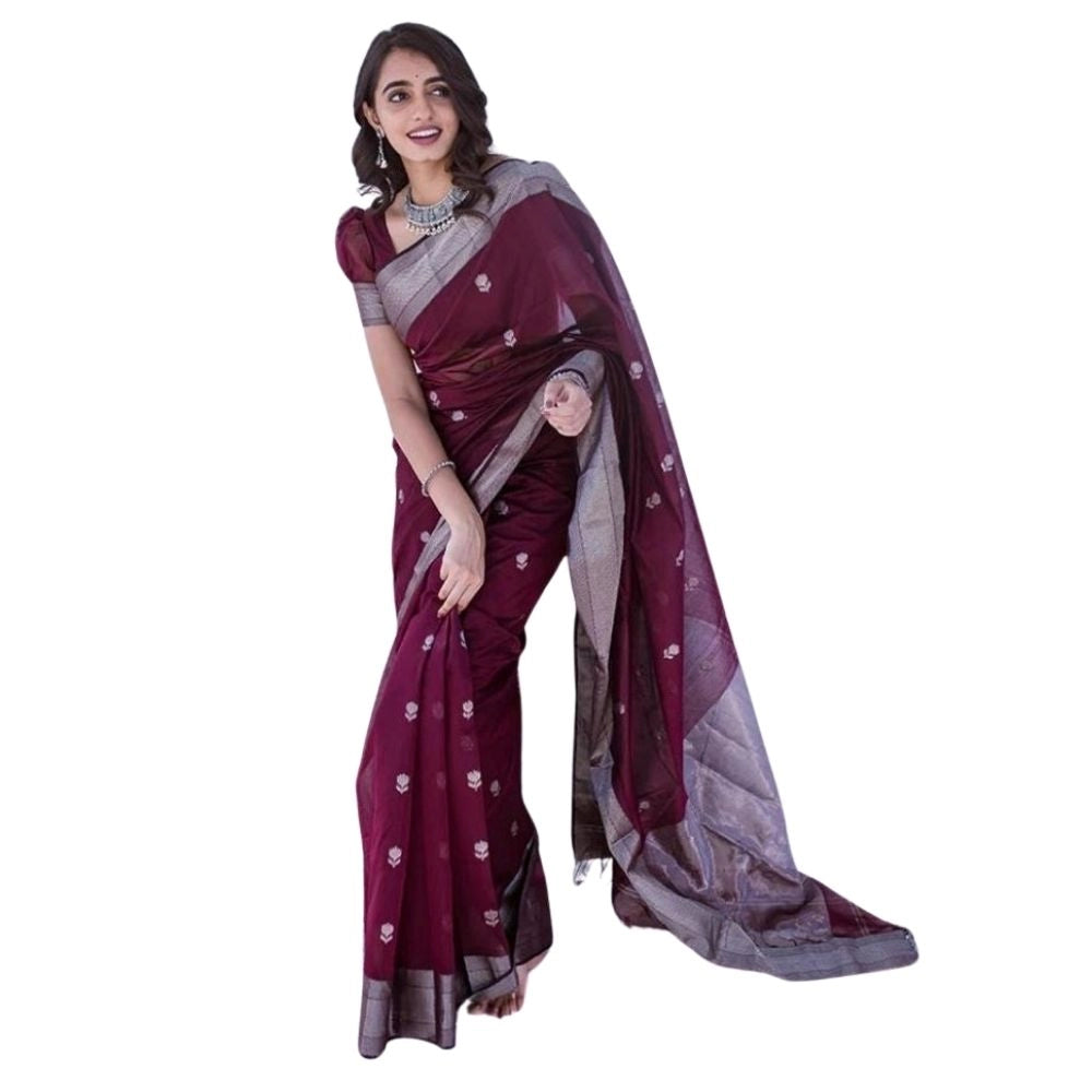 Snuggle Spot Women's Cotton  Printed Saree With Unstitched Blouse 5.5Mtr (Maroon)