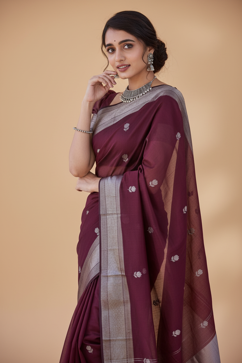 Snuggle Spot Women's Cotton  Printed Saree With Unstitched Blouse 5.5Mtr (Maroon)