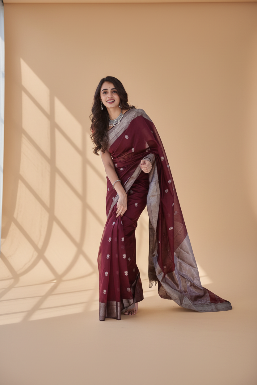 Snuggle Spot Women's Cotton  Printed Saree With Unstitched Blouse 5.5Mtr (Maroon)