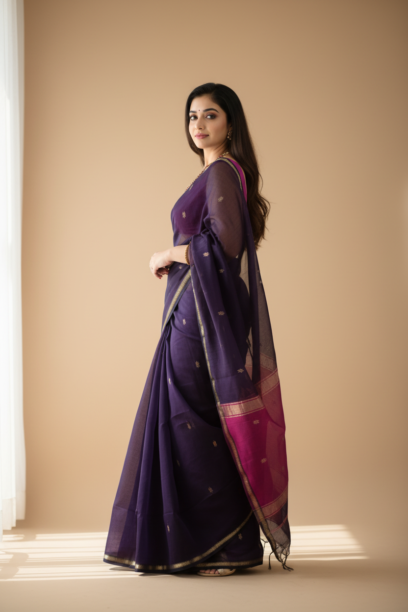Snuggle Spot Women's Cotton  Printed Saree With Unstitched Blouse 5.5Mtr (Navy Blue)