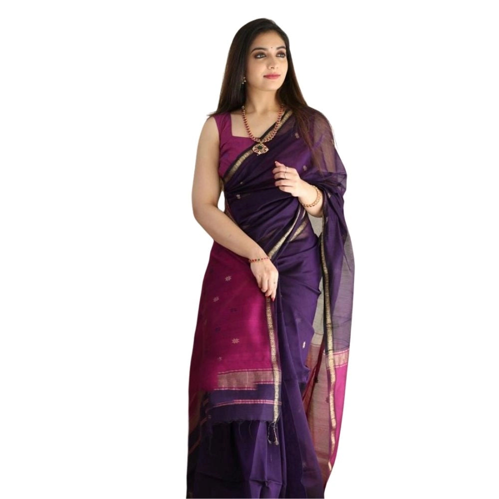 Snuggle Spot Women's Cotton  Printed Saree With Unstitched Blouse 5.5Mtr (Navy Blue)